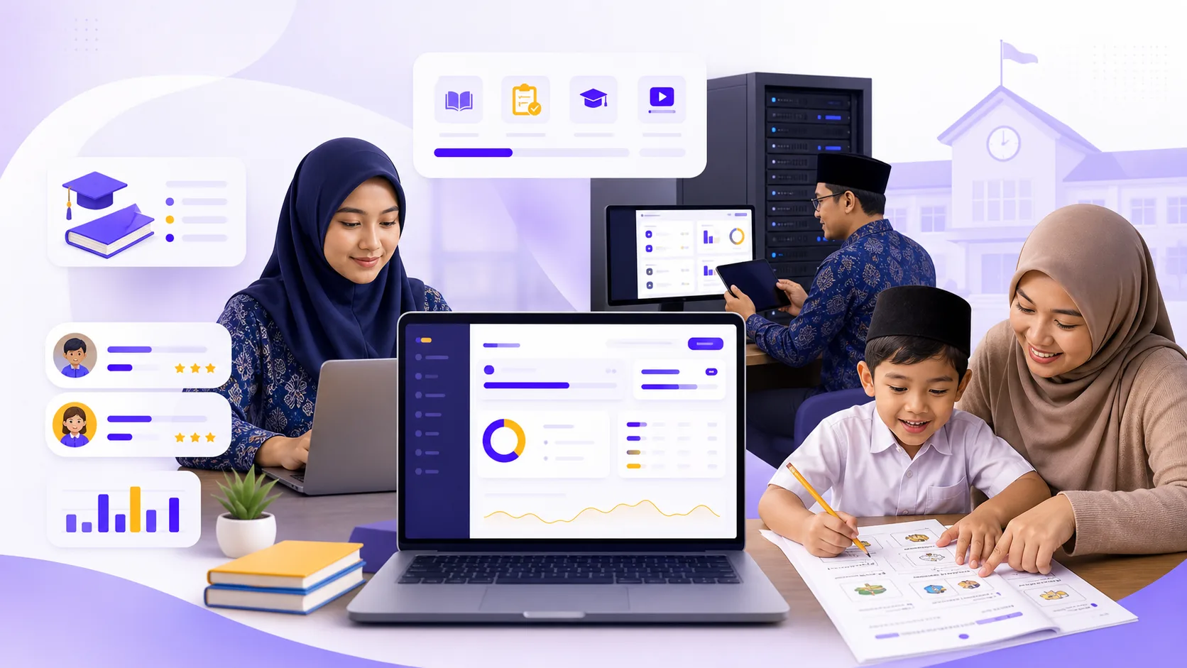 Ilustrasi ekosistem Prajnapp untuk guru, siswa, orang tua, dan operator sekolah